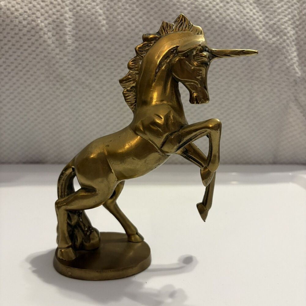 Vintage Brass Unicorn Statue Figurine Mythical Creature Collectible Rearing 7"